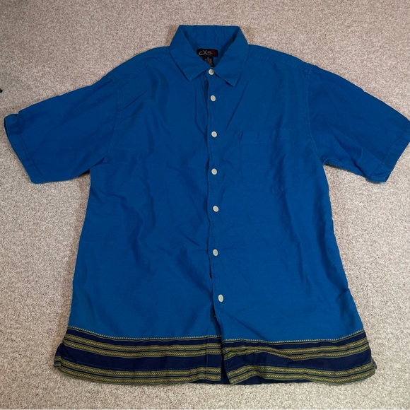 Vintage CXS21 Shirt Mens Textured Knit Blue Tribal Trim Boho Hippy Size Medium - Picture 1 of 5